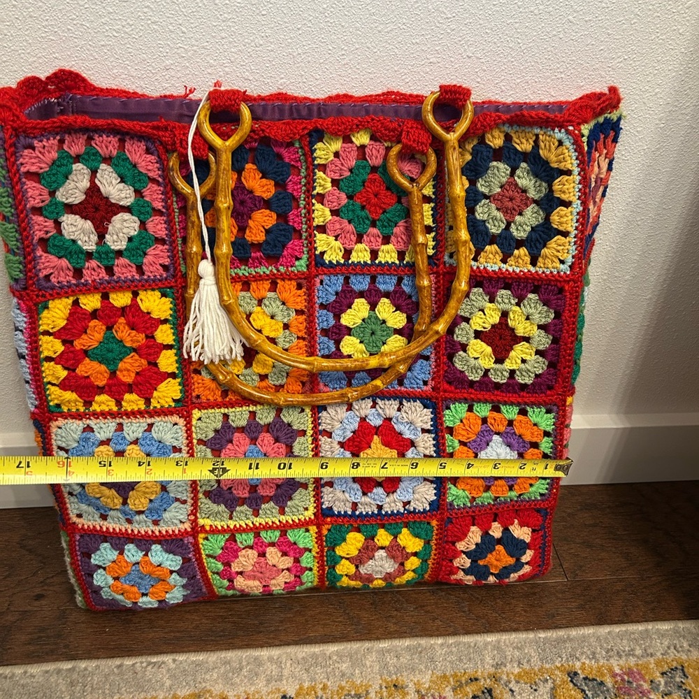 Granny Square Crochet Purse Tote Bag with Bamboo Handles - Picture 9 of 12